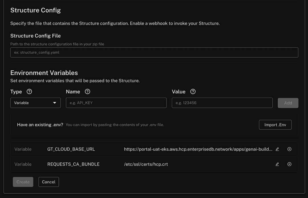 Screenshot of environment variables to be set in the UI